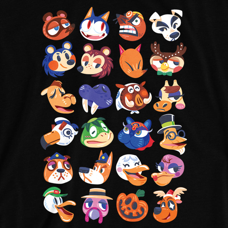 Animal Crossing t-shirt design featuring Tom Nook, Rover, Resetti, KK Slider, Mabel and Sable Able, Redd, Blathers, Saharrah, Wendel, Joanne, Gracie, Gulliver, Kapp'n, Katrina, Tortimer, Pelly, Franklin, and Jingle with art by Versiris