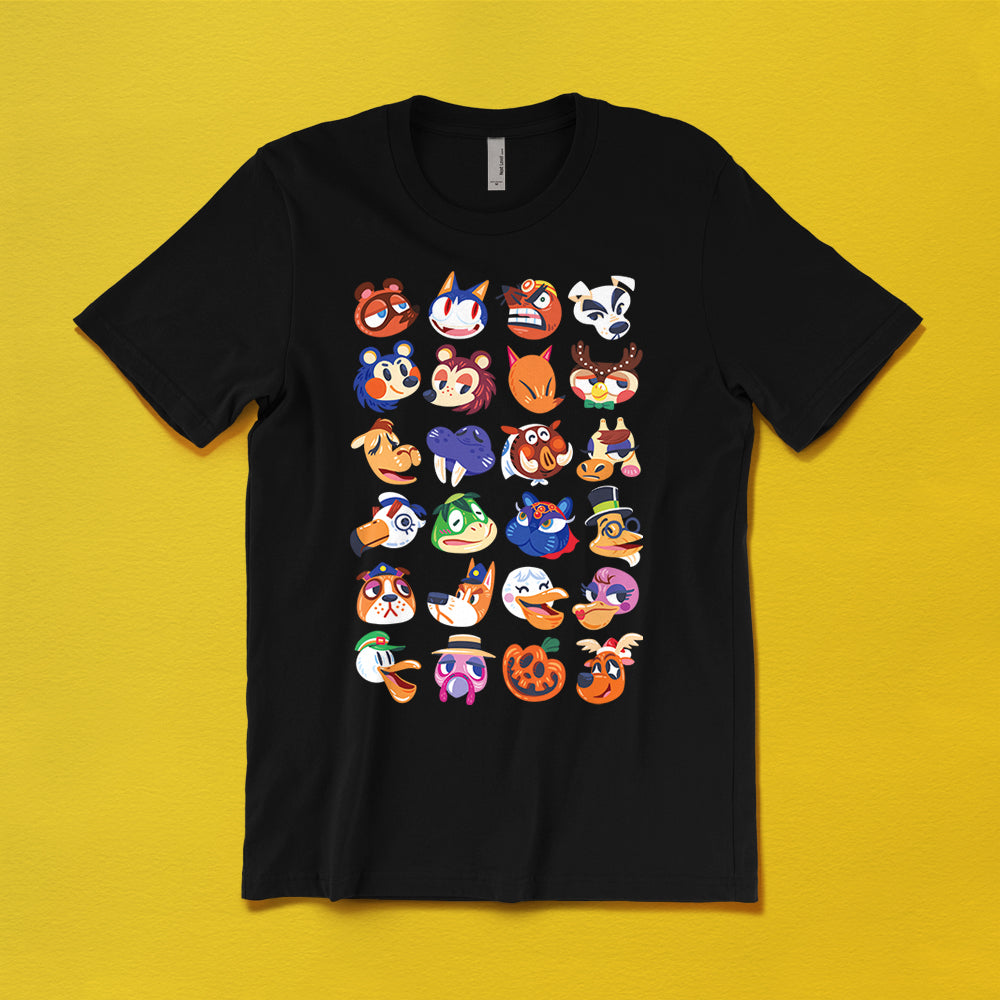 Animal Crossing t-shirt design featuring Tom Nook, Rover, Resetti, KK Slider, Mabel and Sable Able, Redd, Blathers, Saharrah, Wendel, Joanne, Gracie, Gulliver, Kapp'n, Katrina, Tortimer, Pelly, Franklin, and Jingle with art by Versiris